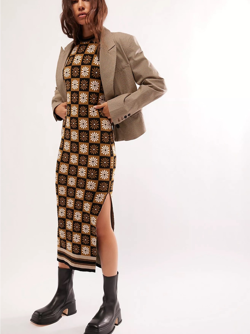 SAYLOR Brown, Black & White Daisy-Print Midi Dress